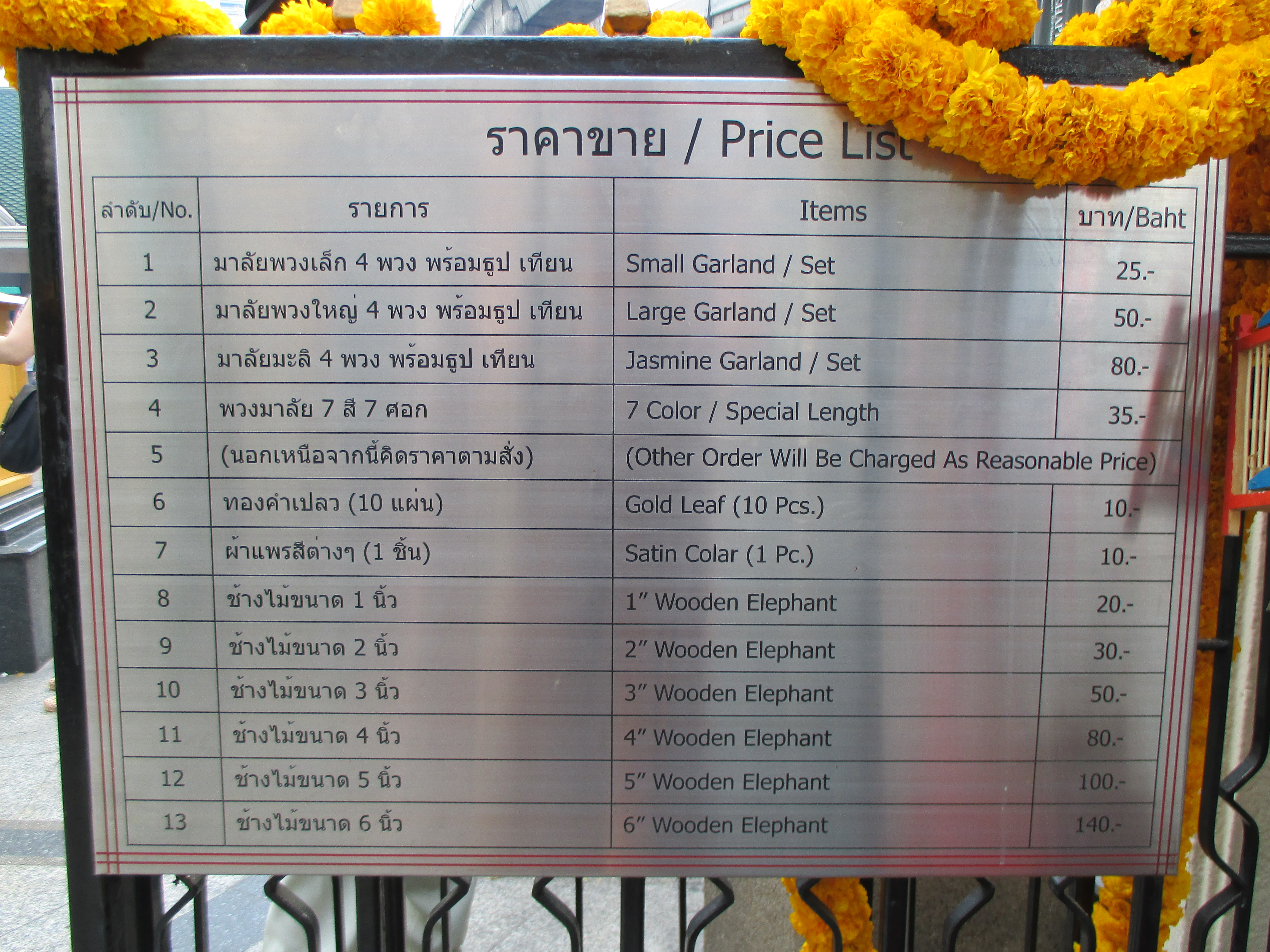 Erawan Shrine offerings price list