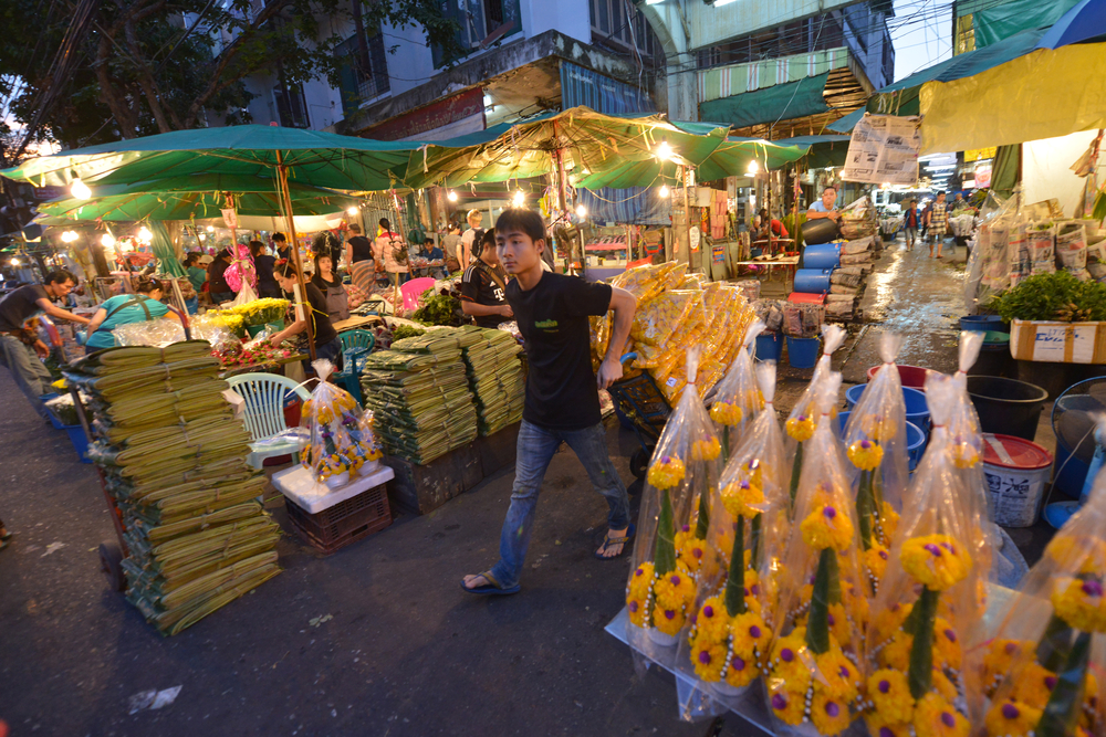 The Flower market comes alive at night